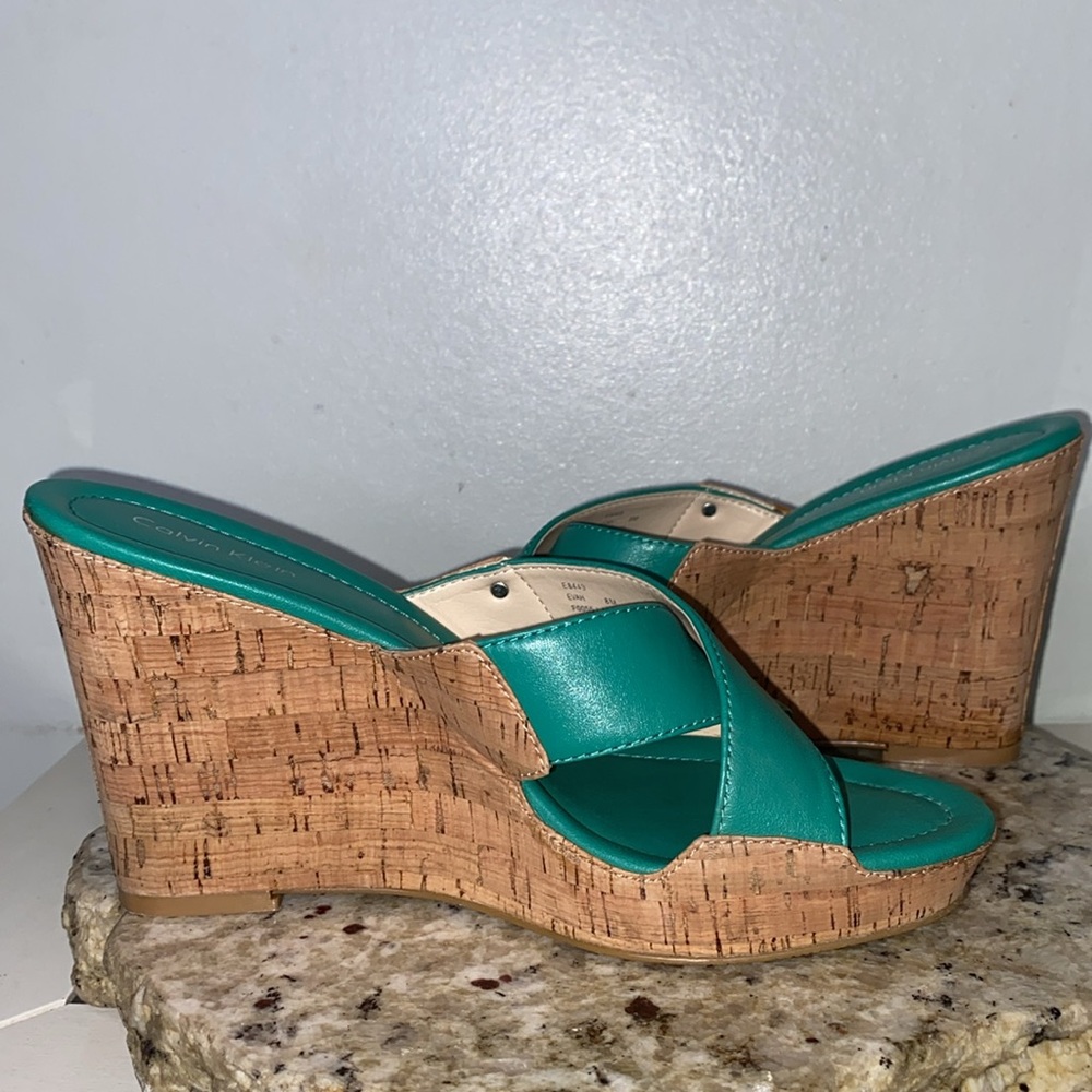Calvin Klein EVAH Crisscross Cork Wedge Heel Open Toe Sandals Teal Size 8 - Picture 13 of 16